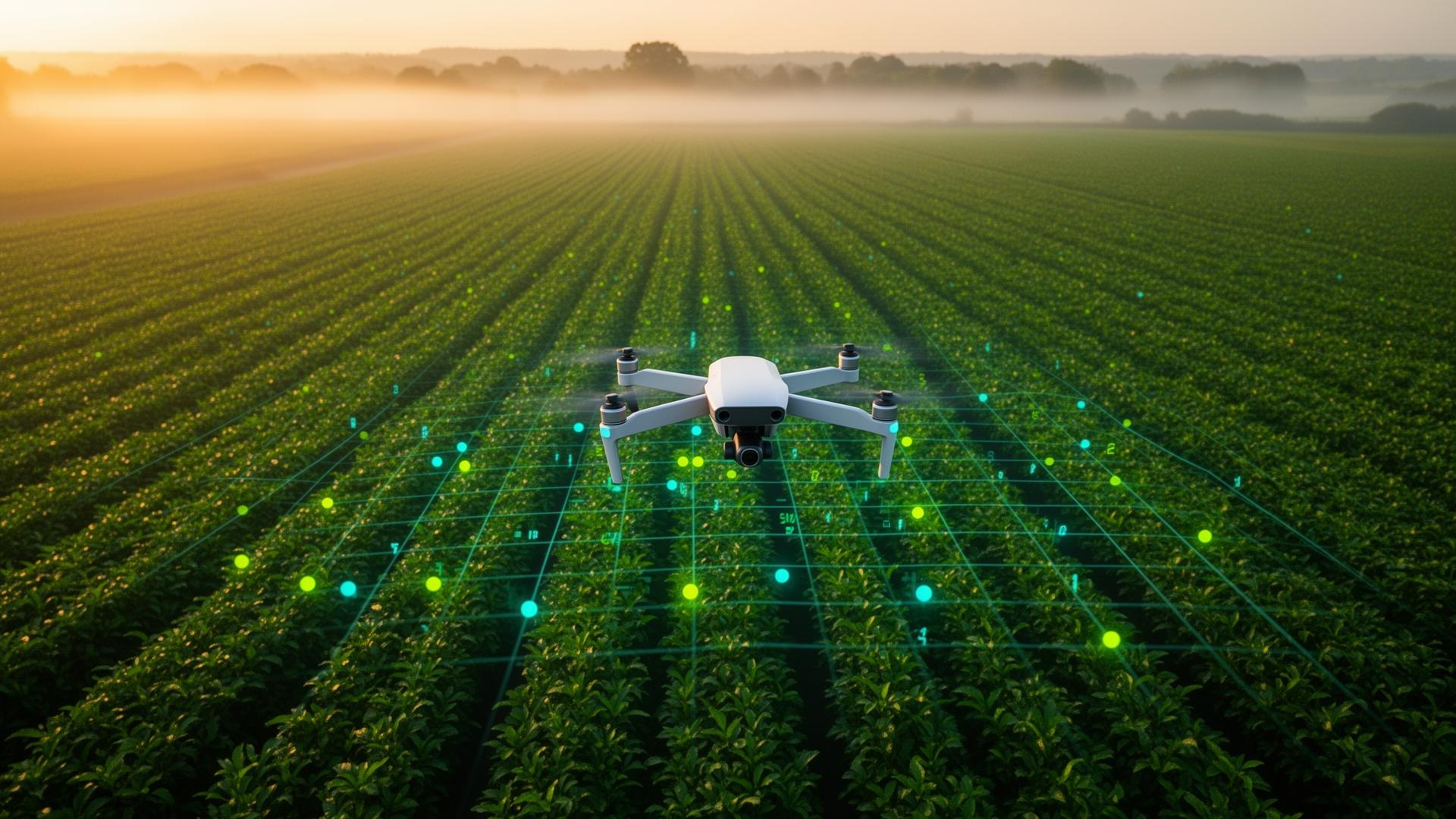 Drone scanning agricultural field with AI overlay